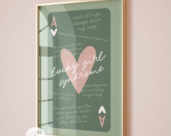 Lucky Girl Syndrome Ace of Hearts Card Aesthetic Poster, Trendy Wall Art Sage Green Pink Aesthetic, Retro Preppy Apartment Dorm Decor