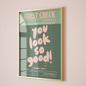 Impresiones de cheques de invitados, arte de pared de moda, póster estético verde salvia y rosa, decoración de arte de pared preppy, arte de carrito de bar retro, arte imprimible verde de moda