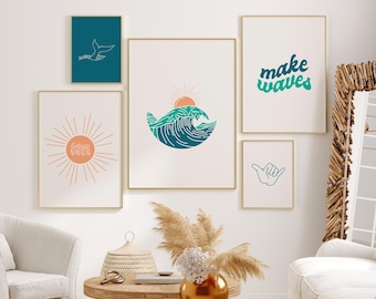 boho surf gallery wall art, set of 5 prints, surf nursery decor, surf prints for boys nursery, surfer boy room decor, boho beach decor