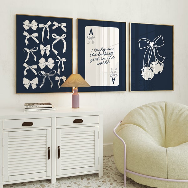 navy blue bows print set of 3, preppy wall art, coastal cowgirl, ace card lucky girl syndrome, college apartment decor, girly room aesthetic