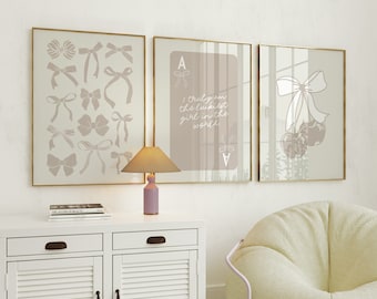 beige bows print set of 3 | preppy wall art | coquette decor | ace card lucky girl syndrome | college apartment decor | girly room aesthetic