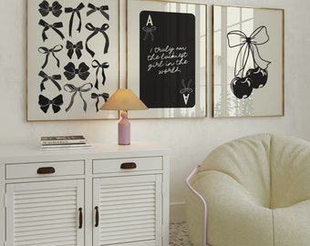 Trendy Black Bows Wall Art Set of 3 Preppy Poster College Apartment Decor Watercolor Bows Print Coquette Room Decor Girly Wall Art