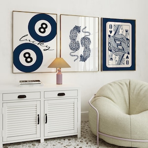 Set di quadri da parete blu navy, poster retrò con palla numero 8, stampa leopardata blu, quadri da parete vintage con palla da biliardo blu navy, carta Regina di Cuori, estetica preppy per la camera da letto.