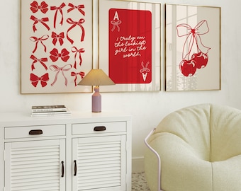 Red Bows Print Set of 3 | Ace Card Lucky Girl Syndrome | Preppy Room Wall Art | Red Coquette Home Aesthetic Poster | College Apartment Decor