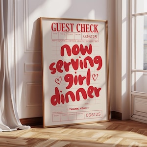 aesthetic kitchen wall art decor cute cooking art kitchen guest check print trendy red now serving girl dinner print kitchen apartment decor