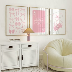 Pink Bows Print Set of 3 Preppy Wall Art Coquette Decor Ace Card Lucky Girl Syndrome College Apartment Decor Girly Room Aesthetic