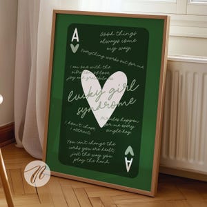 lucky girl syndrome ace of hearts card aesthetic poster trendy wall art sage green white aesthetic retro bar cart art preppy apartment decor