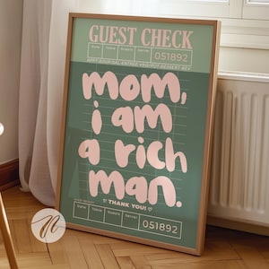 Impresión de cheque de invitado &quot;Mamá, soy un hombre rico&quot; - Estética verde y rosa (Descarga digital)