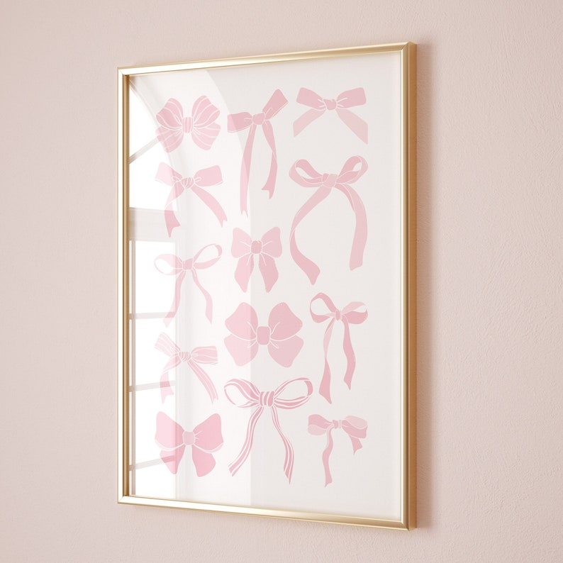 Pink bow wall art with soft watercolor ribbon artwork for coquette room decor.