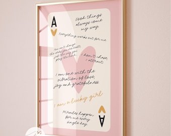 Póster rosa con el síndrome de la chica afortunada y el as de corazones, lámina decorativa con afirmación de cartas de juego, póster para dormitorio estilo preppy.