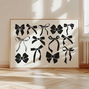 black bows print coquette room decor, preppy dorm wall art, trendy apartment decor, girly room aesthetic, black white aesthetic, digital art