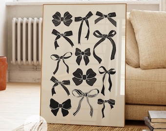 Estampado de lazos negros, decoración de habitación coqueta, estética coqueta desordenada, arte de pared de cintas de moda, póster para apartamento de residencia estudiantil maximalista preppy