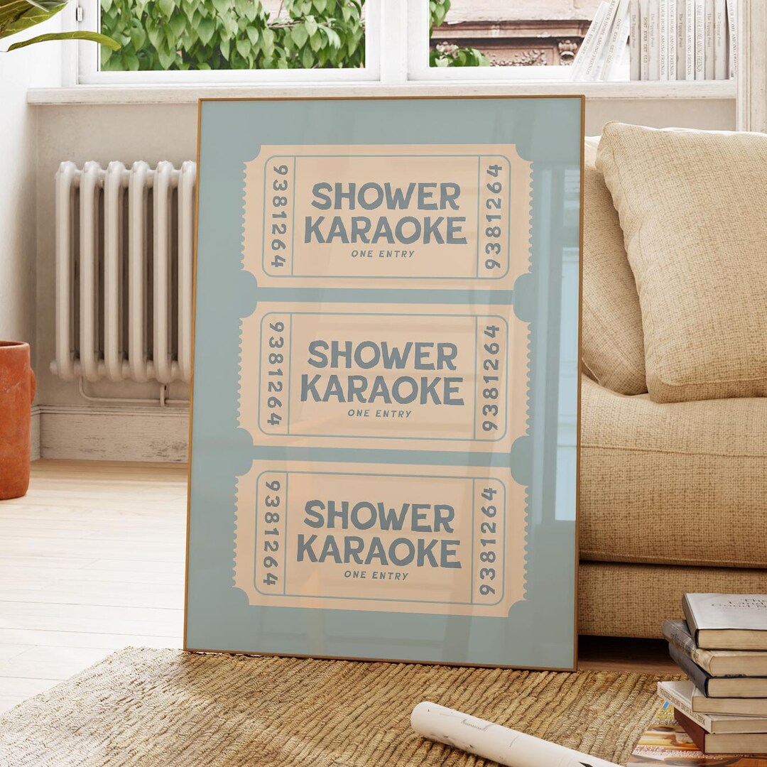 Shower Karaoke Ticket Print, Bathroom Decor Blue Cream Aesthetic ...