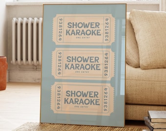 Shower Karaoke Ticket Print, Bathroom Decor Blue Cream Aesthetic, Shower Singing Poster, Retro Preppy Bathroom Art, Coastal Beachy Wall Art