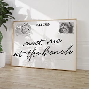 Rencontrez-moi à la plage, impression de carte postale, art mural côtier tendance, affiche de typographie noire, petite-fille côtière, décoration balnéaire, numérique
