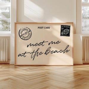 Meet Me At The Beach-postkaartprint trendy kustmuurkunst, zwarte typografieposter, kustkleindochter strandachtig esthetisch decor, digitaal