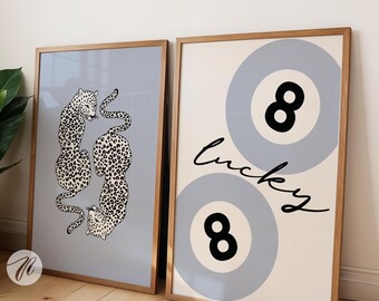 Light Blue Lucky 8 Ball Set, Blue Cheetah Print, Vintage Pool Ball Wall Art, Preppy Aesthetic Posters, Retro Dorm Room Decor, Printable Art