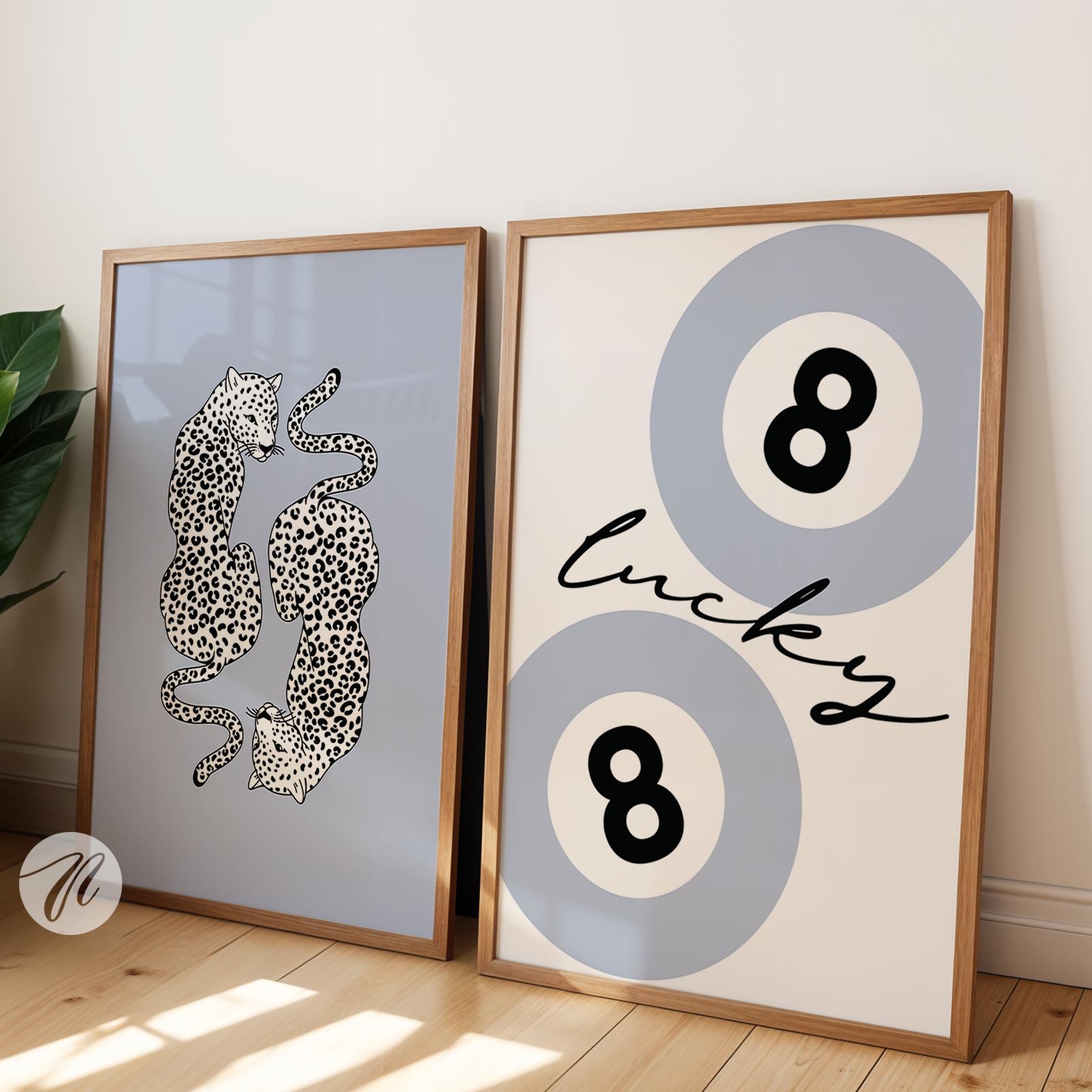 Light Blue Lucky 8 Ball Set, Blue Cheetah Print, Vintage Pool Ball