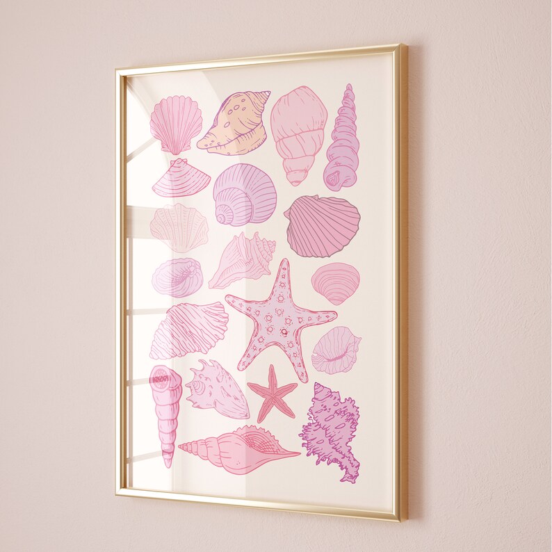 Seashell Art Prints, Trendy Coastal Wall Art, Coastal Cowgirl Decor, Cute Summer Posters, Pink Beachy House Decor, Sea Aesthetic Printable