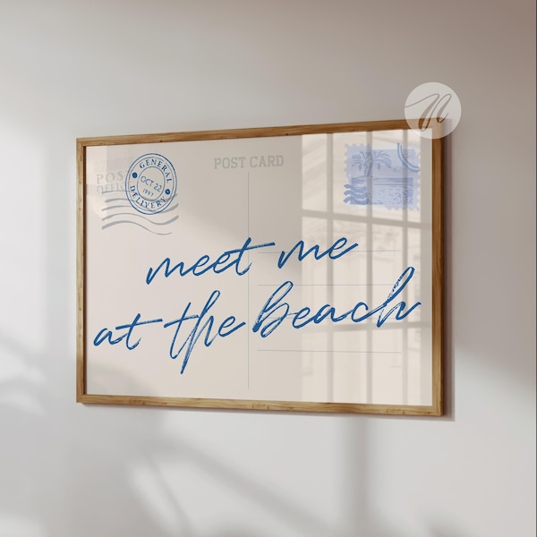 Meet Me At The Beach Post Card Print, Trendy Coastal Wall Art, Blue Typography Poster, Coastal Granddaughter Beachy Aesthetic Decor, Digital