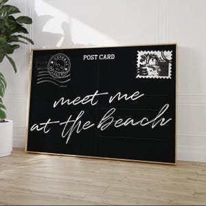 Meet Me At The Beach-postkaartprint trendy kustmuurkunst, zwarte typografieposter, kustkleindochter strandachtig esthetisch decor, digitaal