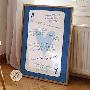 Lucky girl syndrome ace of hearts card aesthetic poster, Trendy navy blue wall art prints, Retro bar cart art, Preppy funky apartment decor