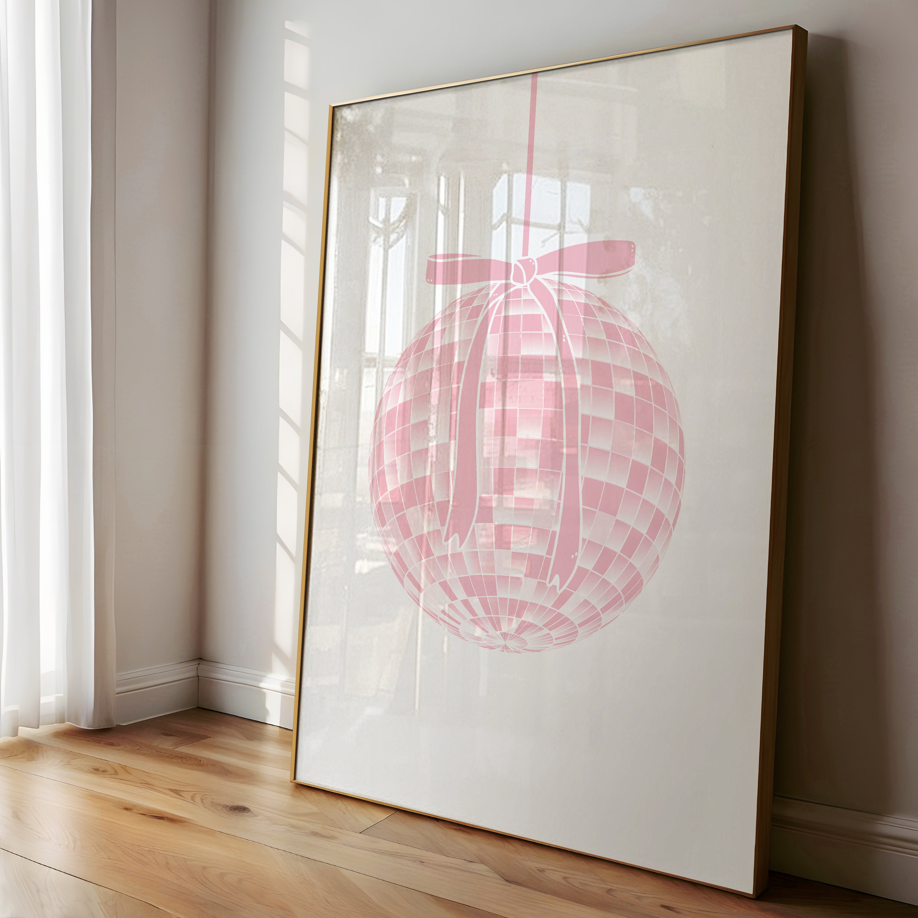 Pink Disco Ball Bow Print, Preppy Wall Art, Coquette Decor, Cute