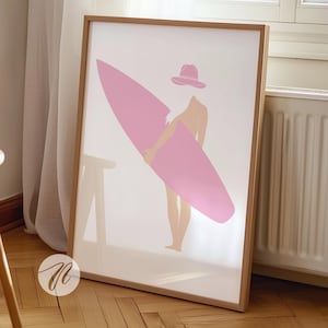 coastal cowgirl surfer girl print, light pink preppy wall art, tropical beachy room aesthetic poster, funky western cowgirl apartment decor
