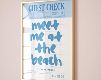 guest check prints coastal cowgirl beachy surf wall art apartment decor muted light blue preppy dorm aesthetic print meet me at the beach