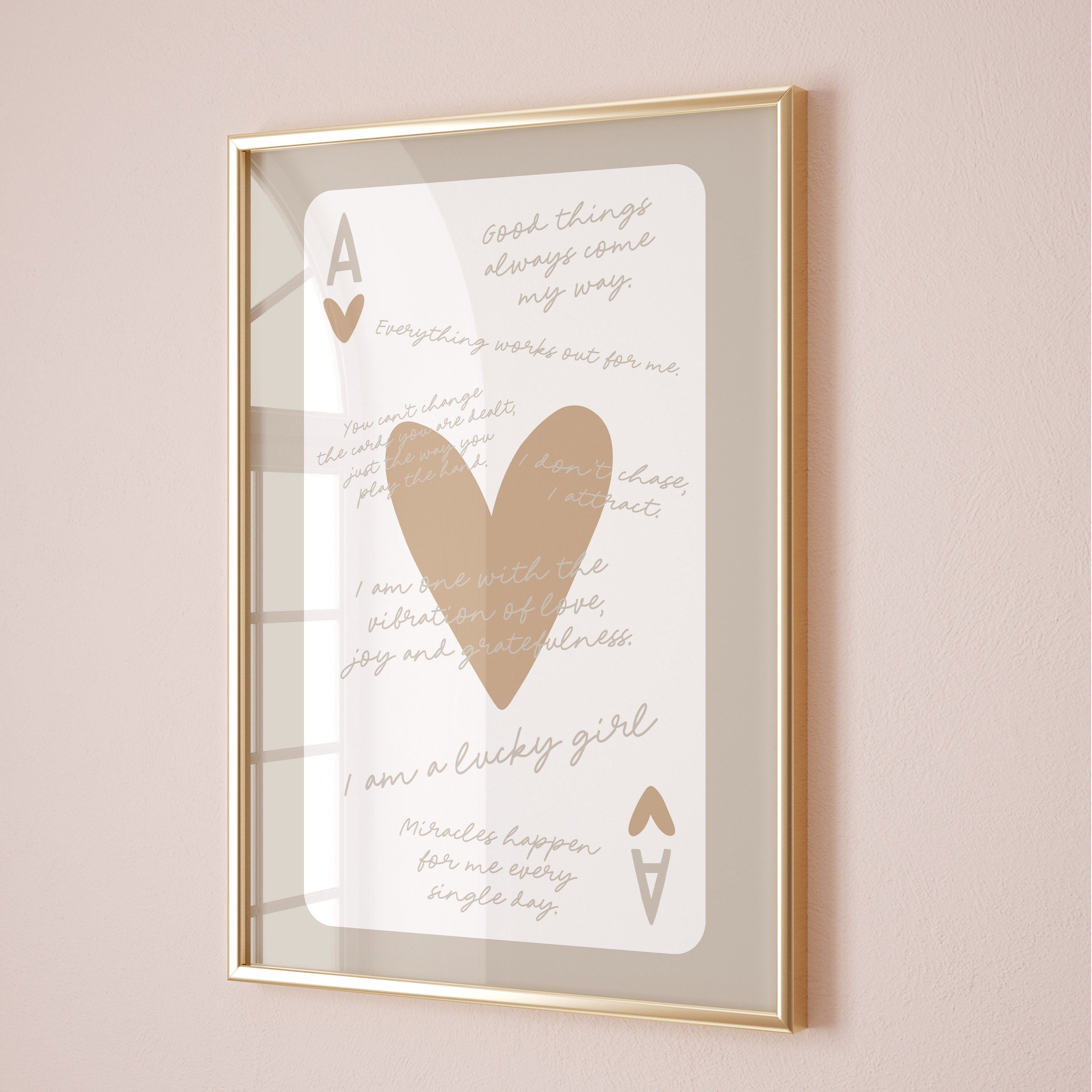 lucky girl syndrome aesthetic print trendy neutral ace of hearts playing card poster, retro bar cart art decor, preppy beige apartment decor