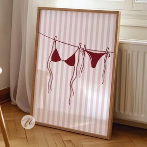 Bikini Art Print, Bathing Suit Poster, Beachy Prints, Coconut Girl, Coastal Aesthetic Wall Art, Red Pink Apartment Decor, Digital Download