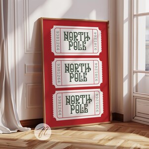 north pole ticket print, red christmas wall art decor, trendy christmas prints, funky christmas art, holiday decor, printable digital prints