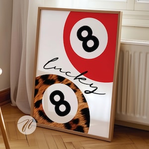 8 Ball Leopard Print, Retro Lucky Girl Plakat, Czerwona Vintage Pool Ball Wall Art, Y2k Estetyczny Wystrój Mieszkania, Funky Eight Ball Bar Cart Art