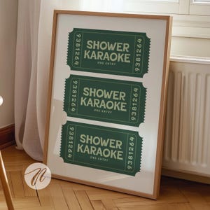 Elevate your space with this trendy shower karaoke ticket print. This sage green and pink aesthetic wall art is an ideal decor for a bathroom.
