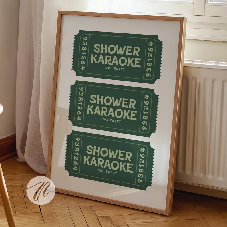 Elevate your space with this trendy shower karaoke ticket print. This sage green and pink aesthetic wall art is an ideal decor for a bathroom.