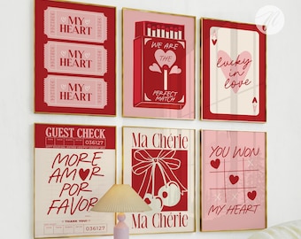 Valentinstag Wand Kunst Drucke Set mit 6 Valentinstag Poster, Retro Valentinstag Wand Kunst, Trendy Valentinstag Ästhetisches Dekor druckbare Kunst