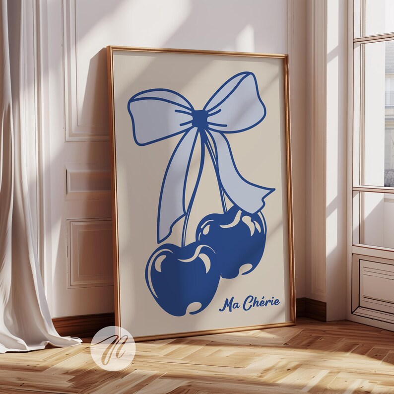 Ma Cherie Navy Blue Bow Cherry Print, Coquette Wall Art, Preppy Coastal Bow Aesthetic, Messy Coquette Girly Dorm Apartment Decor Poster