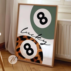 8 Ball Leopard Print, Retro Lucky Girl Plakat, Sage Vintage Pool Ball Wall Art, Y2k Estetyczny Wystrój Mieszkania, Funky Eight Ball Bar Cart Art