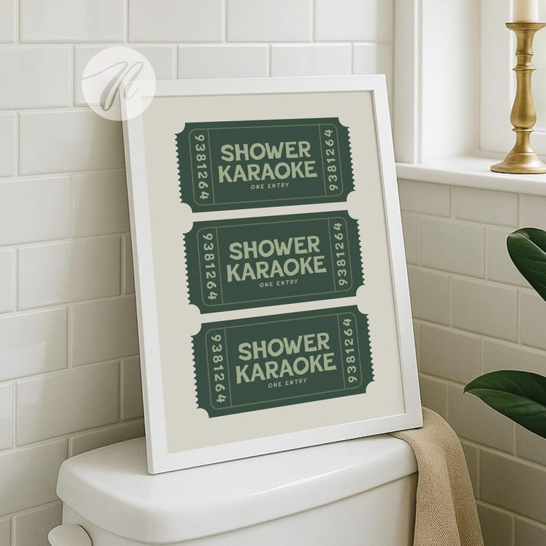 Elevate your space with this trendy shower karaoke ticket print. This sage green and pink aesthetic wall art is an ideal decor for a bathroom.