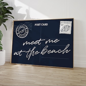 Impression de carte postale rencontrez-moi à la plage, art mural côtier tendance, affiche de typographie bleu marine, décor esthétique plage petite-fille côtière, numérique