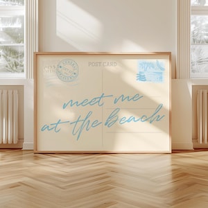 Ontmoet me op het strand postkaartprint, trendy kustmuurkunst, blauwe typografieposter, kustkleindochter strandachtig esthetisch decor, digitaal
