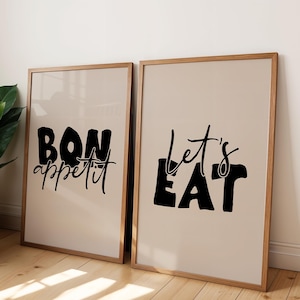 Bon Appetit Let's Eat 2個セット、美しいキッチン装飾、フランス語の引用ポスター、ニュートラルベージュの美しいキッチンウォールアート、印刷可能なデジタル