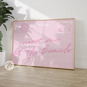 meet me at the beach post card print, trendy coastal wall art, pink typography poster, coastal granddaughter beachy aesthetic decor, digital