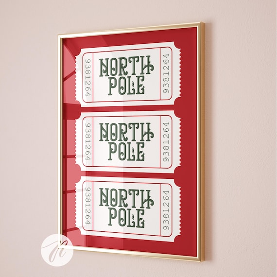 north pole ticket print, red christmas wall art decor, trendy christmas prints, funky christmas art, holiday decor, printable digital prints