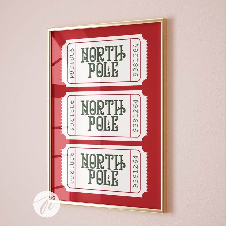 north pole ticket print, red christmas wall art decor, trendy christmas prints, funky christmas art, holiday decor, printable digital prints