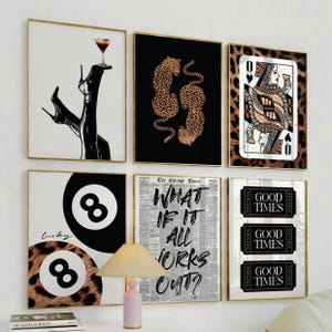 Gallery Girly Prints 6er Set, schwarze Lucky 8 Pool Ball Poster, trendige Leopardenästhetik, Zeitungsdruck, Y2K Wohnungsdekor, druckbare Kunst