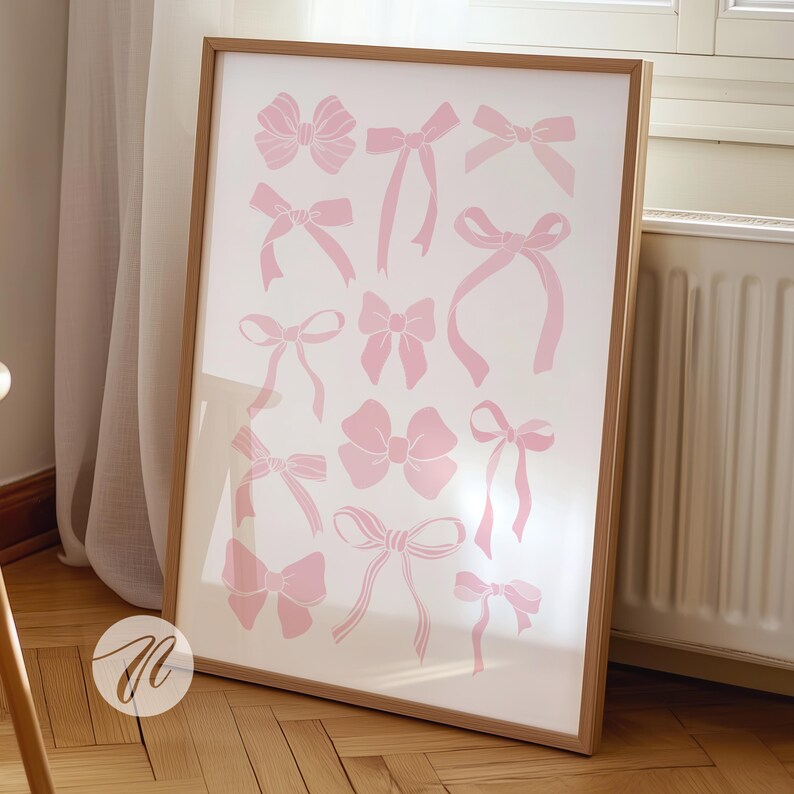 Pastel pink bows print for a dorm room, bedroom, nursery, office, or apartment wall.