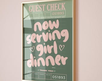 now serving girl dinner print pink sage green aesthetic guest check prints kitchen wall art decor cute cooking gift kitchen apartment decor