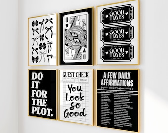 Juego de 6 láminas, póster de la Reina de Corazones, decoración para apartamentos, arte de pared con lazos negros modernos, decoración de habitación con estética coqueta, dormitorio femenino y preppy