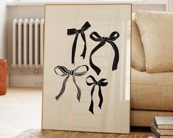black bows print coquette room decor, preppy dorm wall art, trendy apartment decor, girly room aesthetic, black white aesthetic, digital art